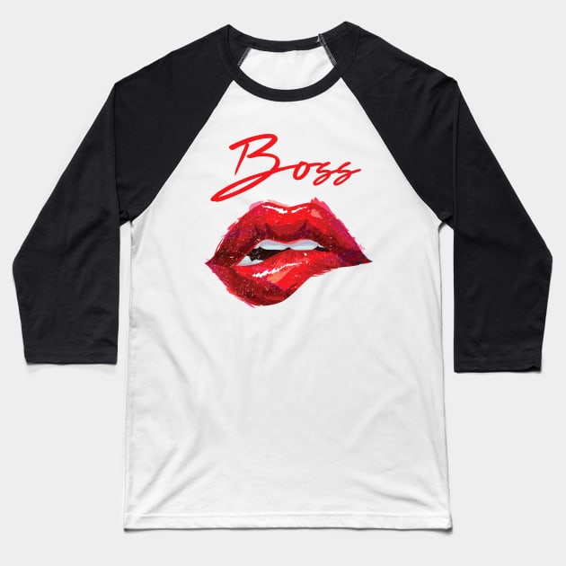 Sassy Boss T-shirt - Biting Lips - Bold Red Lipstick Baseball T-Shirt by StudioGrafiikka